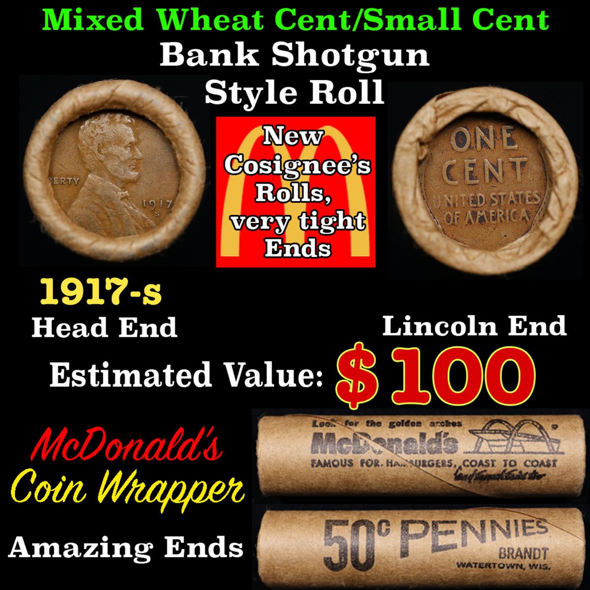 Lincoln Wheat Cent 1c Mixed Roll Orig Brandt McDonalds Wrapper, 1917-s end, Wheat other end