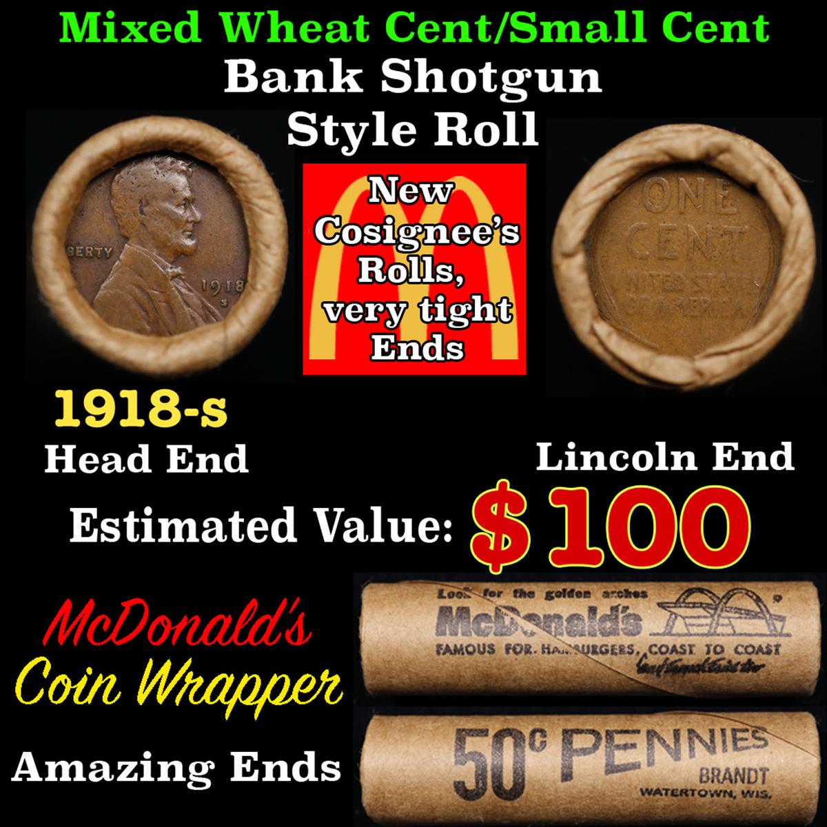 Lincoln Wheat Cent 1c Mixed Roll Orig Brandt McDonalds Wrapper, 1918-s end, Wheat other end