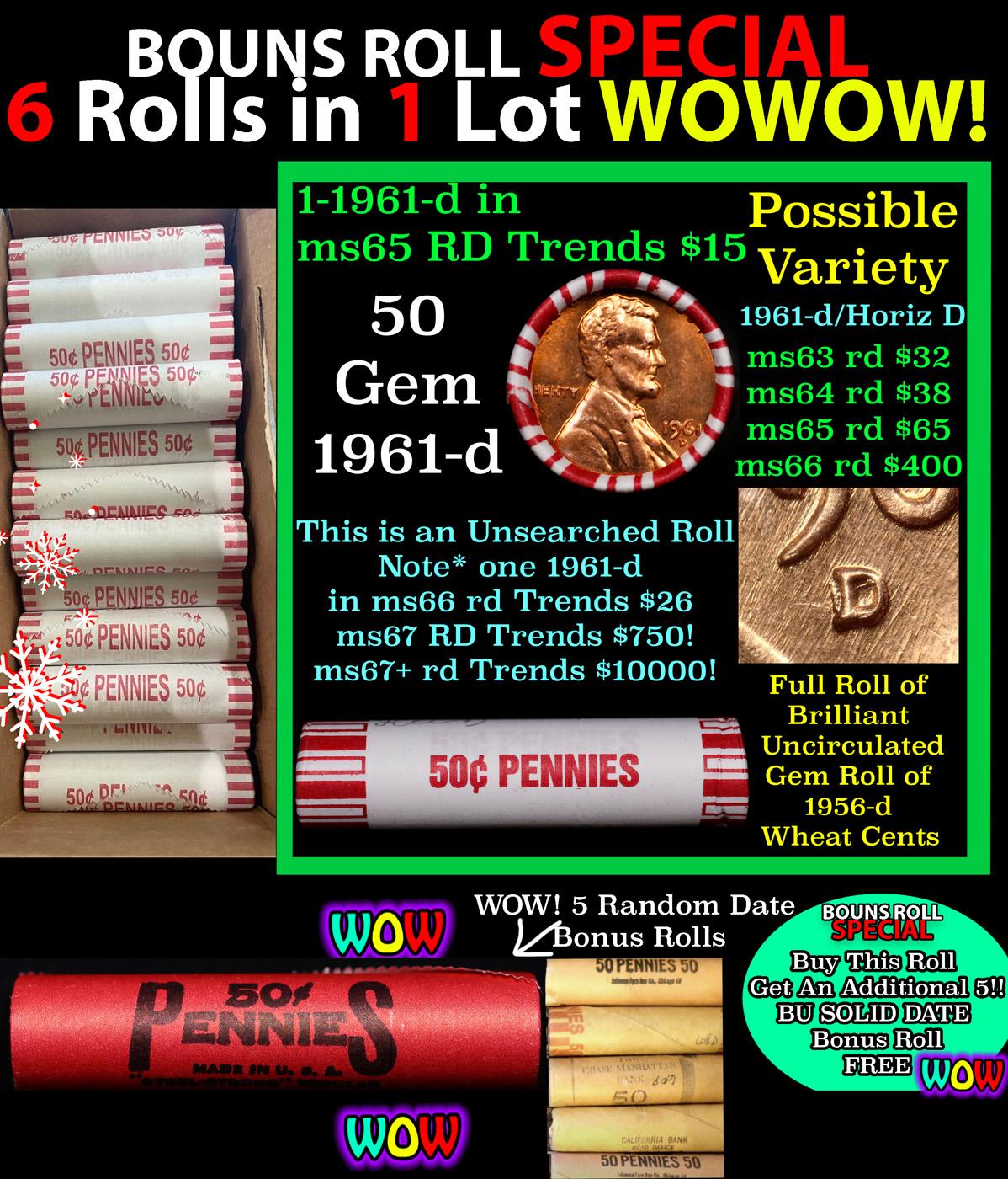 THIS AUCTION ONLY! BU Shotgun Lincoln 1c roll, 2001-d 50 pcs Plus FIVE bonus random date BU roll! Ba