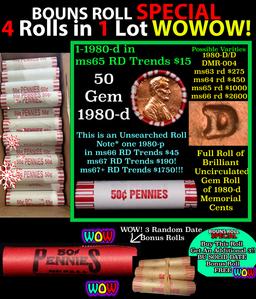 THIS AUCTION ONLY! BU Shotgun Lincoln 1c roll, 1980-d 50 pcs Plus THREE bonus random date BU roll! B