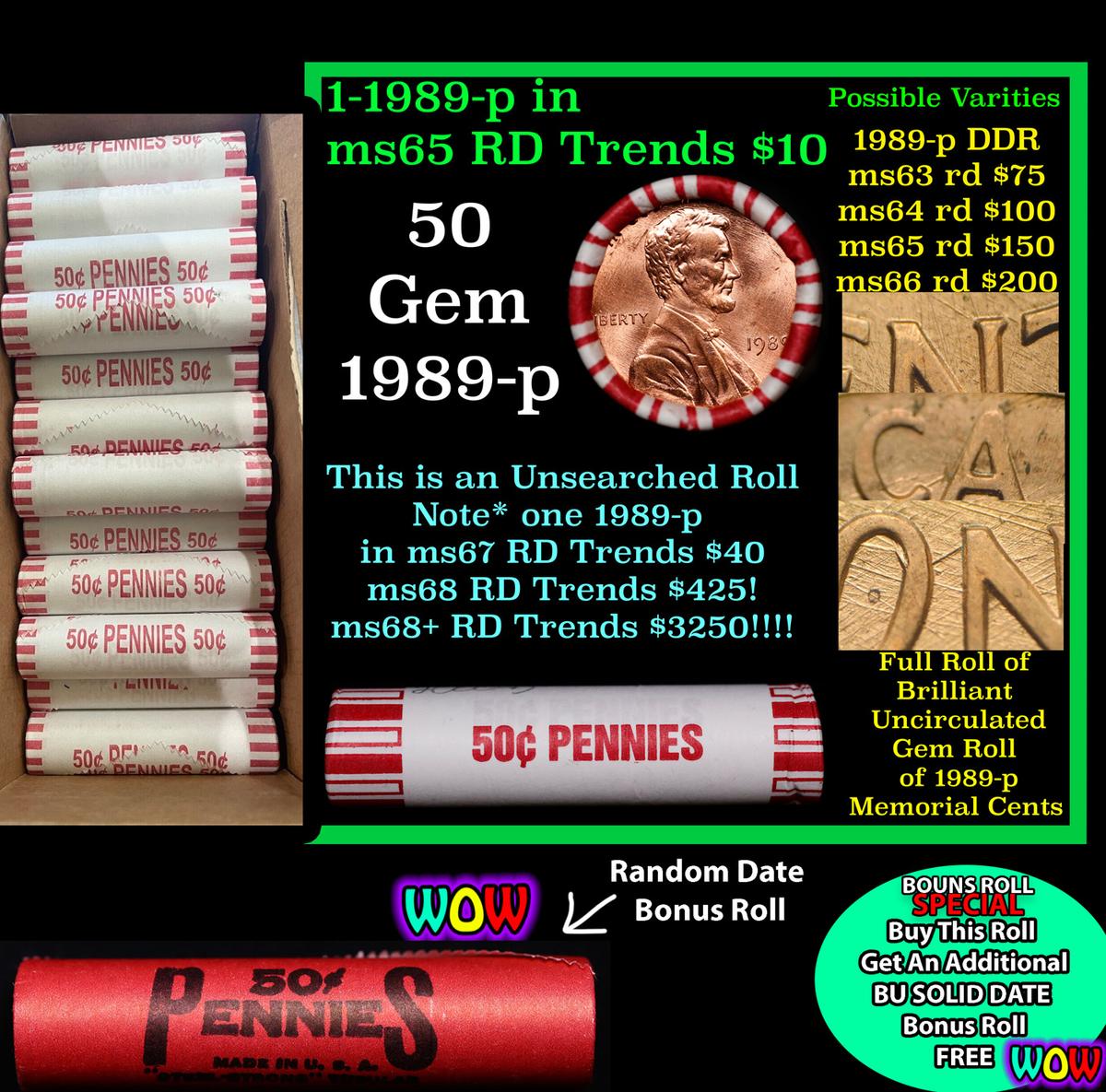 THIS AUCTION ONLY! BU Shotgun Lincoln 1c roll, 1989-p 50 pcs Plus one bonus random date BU roll! Ban