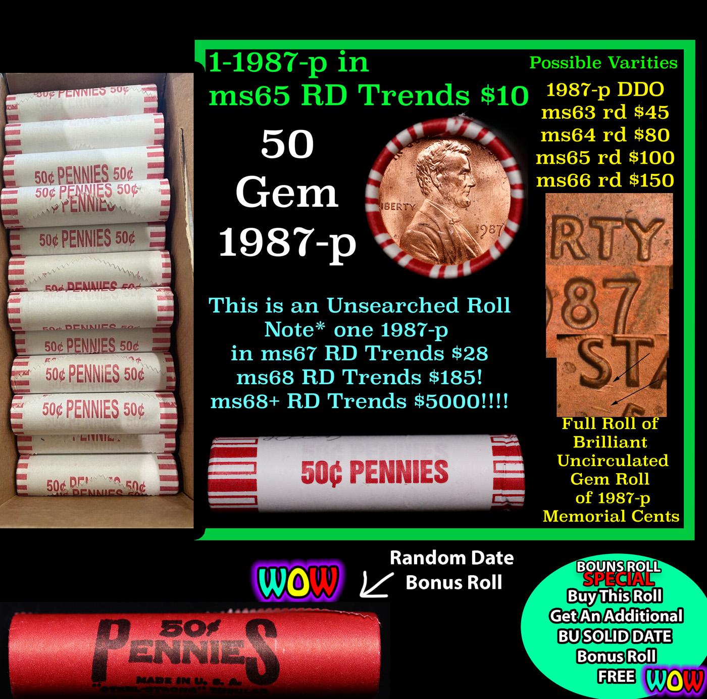 THIS AUCTION ONLY! BU Shotgun Lincoln 1c roll, 1987-p 50 pcs Plus one bonus random date BU roll! Ban