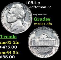 1954-p Jefferson Nickel 5c Grades Choice Unc+ 5fs