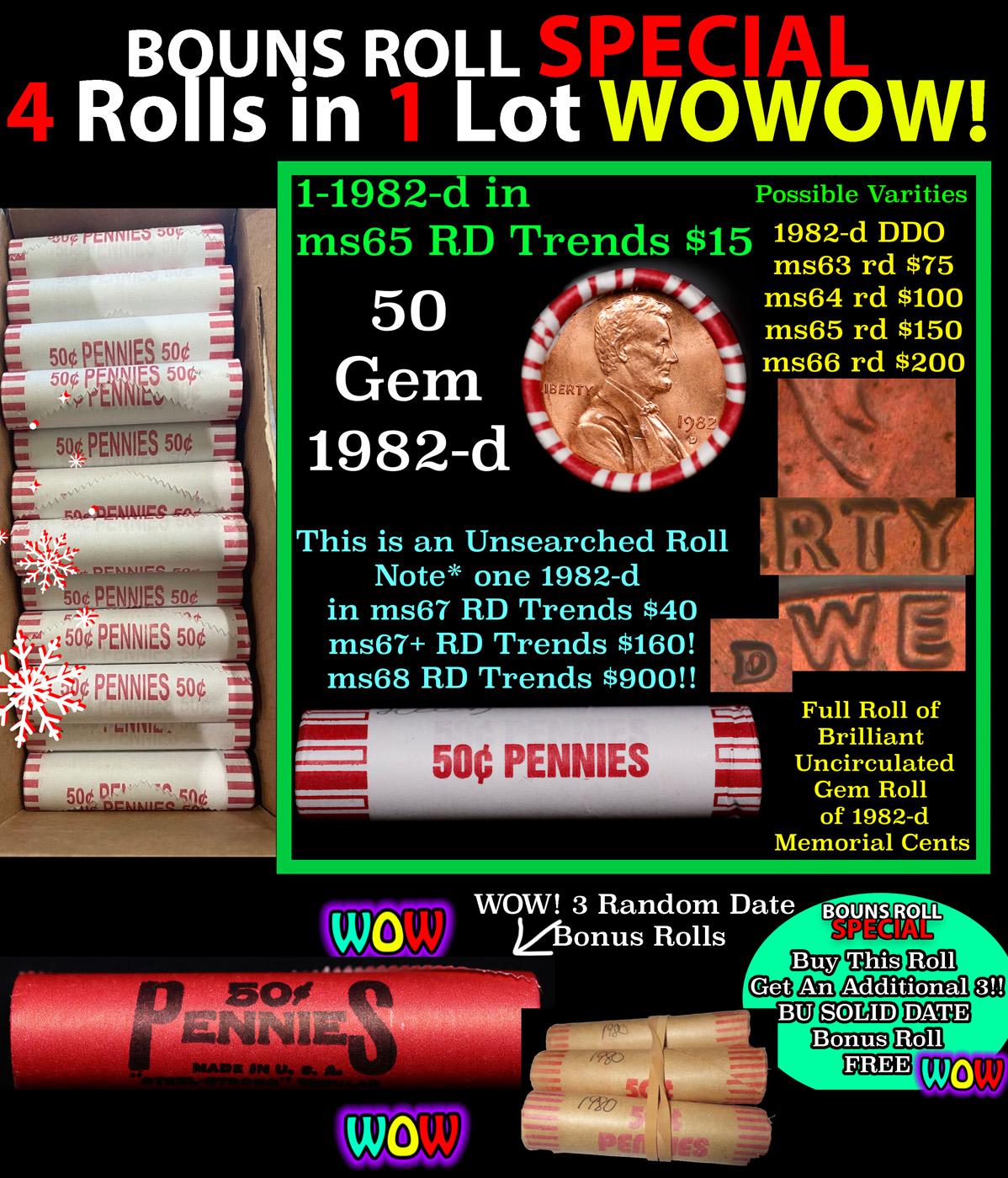 THIS AUCTION ONLY! BU Shotgun Lincoln 1c roll, 1982-d 50 pcs Plus THREE bonus random date BU roll! B