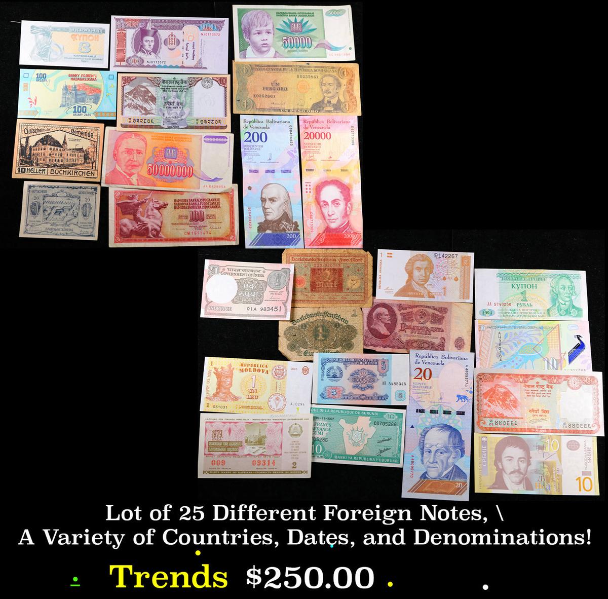 Lot of 25 Different Foreign Notes, A Variety of Countries, Dates, and Denominations!