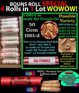 THIS AUCTION ONLY! BU Shotgun Lincoln 1c roll, 1961-d 50 pcs Plus THREE bonus random date BU roll! B