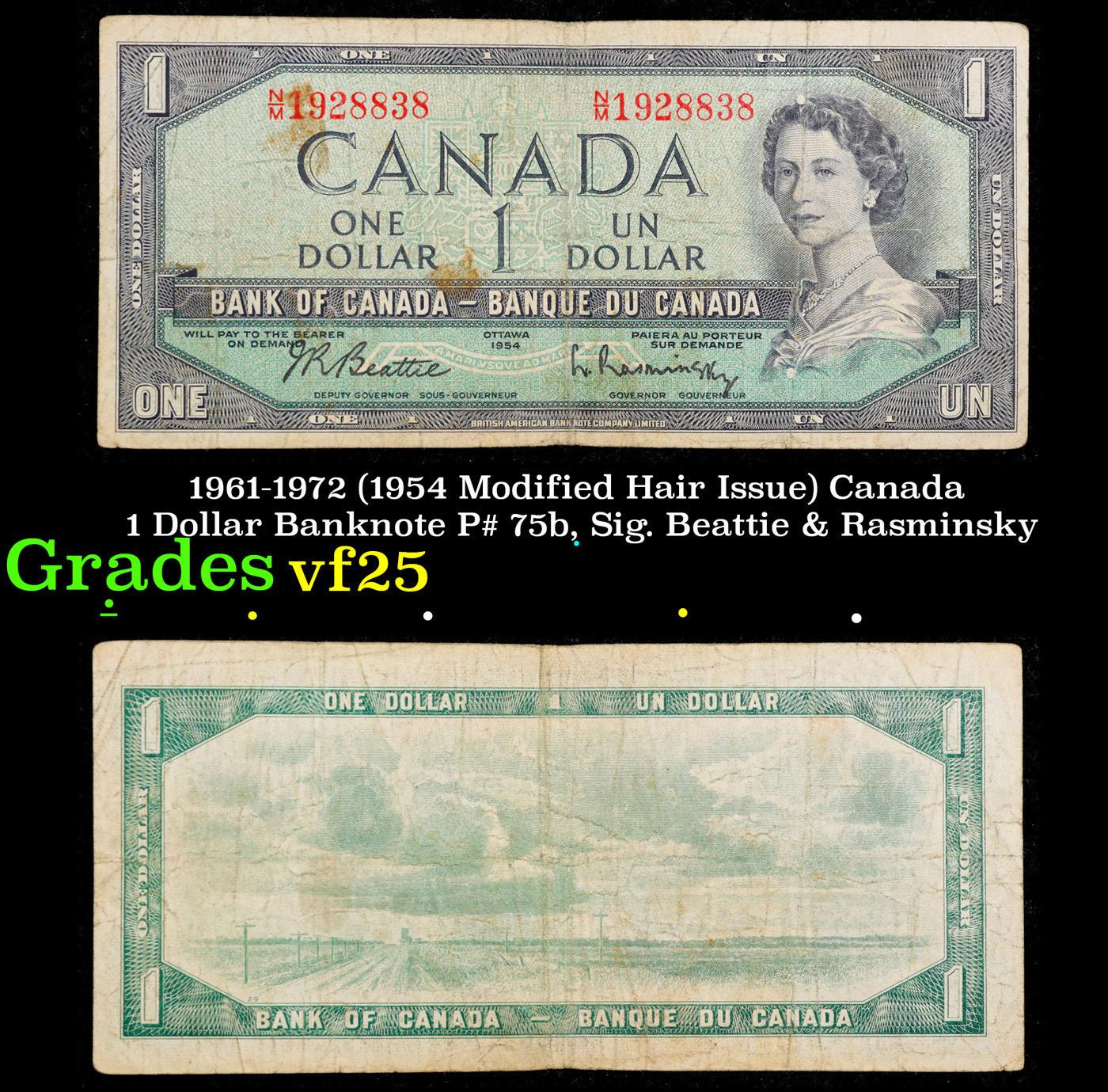 1961-1972 (1954 Modified Hair Issue) Canada 1 Dollar Banknote P# 75b, Sig. Beattie & Rasminsky vf+