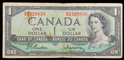 1961-1972 (1954 Modified Hair Issue) Canada 1 Dollar Banknote P# 75b, Sig. Beattie & Rasminsky vf+