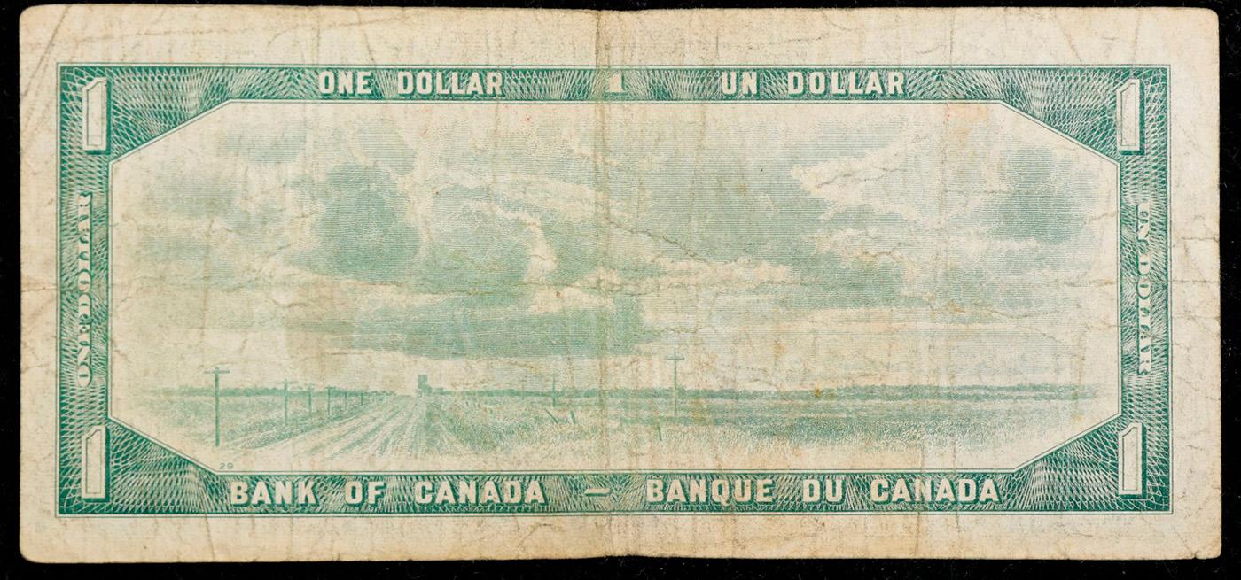 1961-1972 (1954 Modified Hair Issue) Canada 1 Dollar Banknote P# 75b, Sig. Beattie & Rasminsky vf+