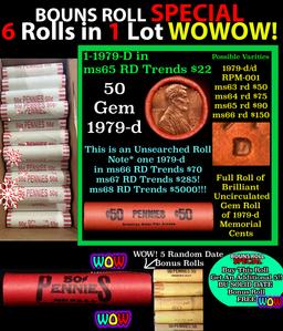 THIS AUCTION ONLY! BU Shotgun Lincoln 1c roll, 1979-d 50 pcs Plus FIVE bonus random date BU roll! Ba