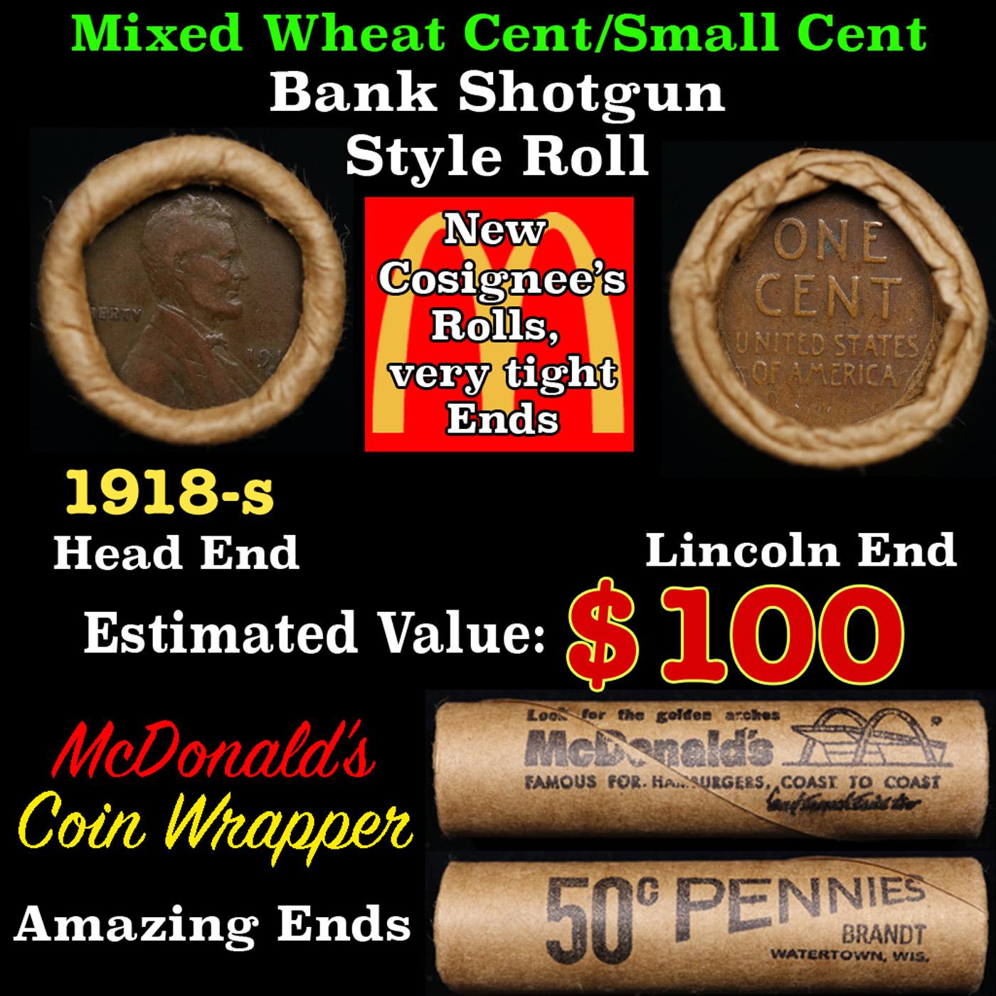 Lincoln Wheat Cent 1c Mixed Roll Orig Brandt McDonalds Wrapper, 1918-s end, Wheat other end