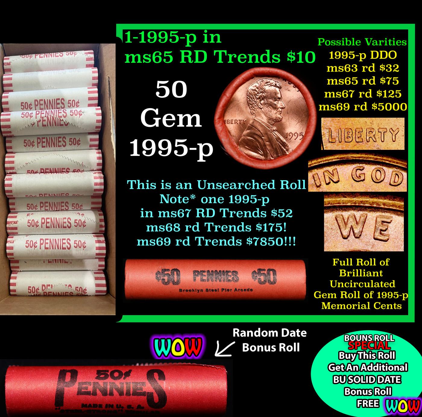 THIS AUCTION ONLY! BU Shotgun Lincoln 1c roll, 1995-p 50 pcs Plus one bonus random date BU roll! Ban