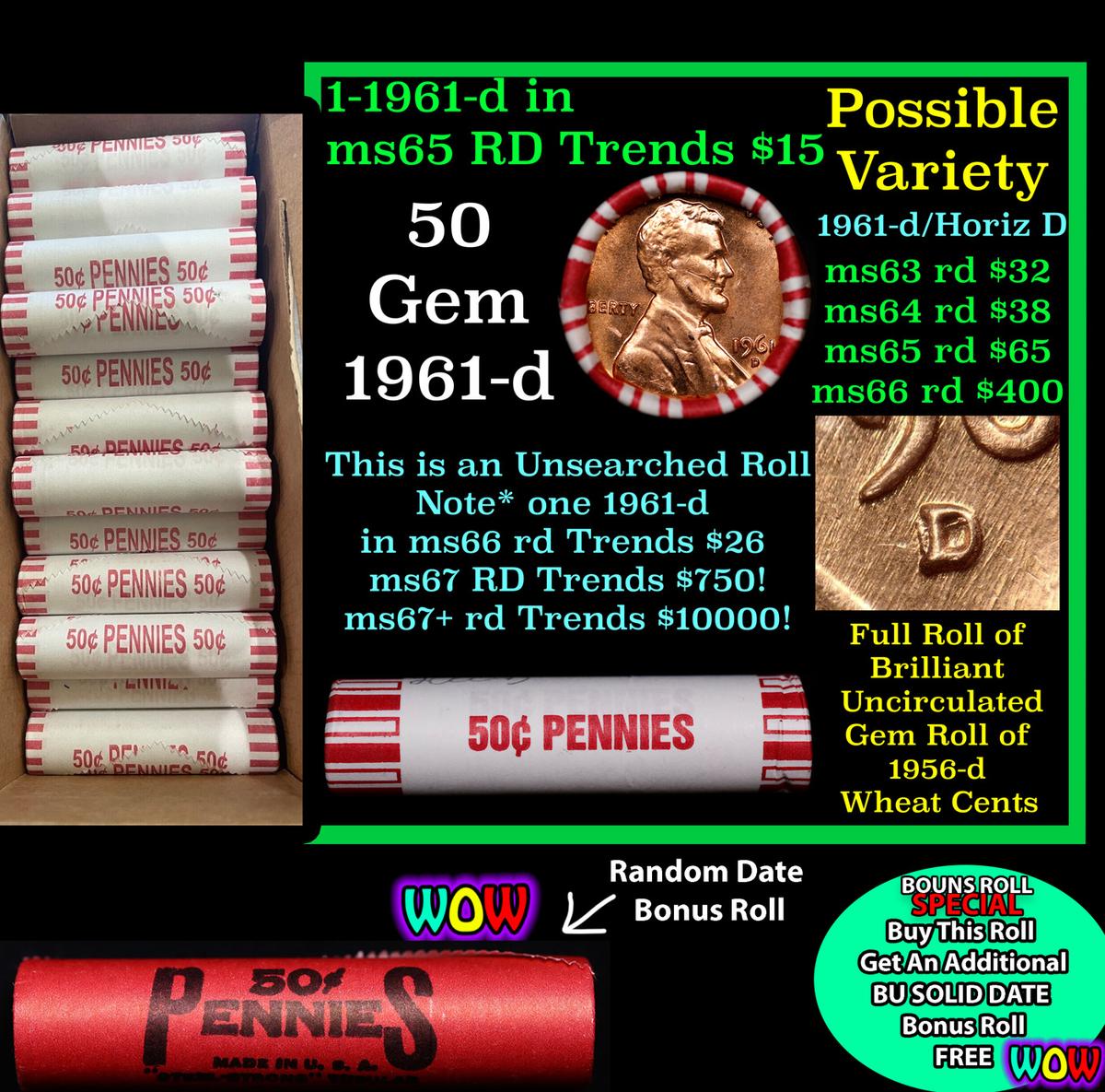 THIS AUCTION ONLY! BU Shotgun Lincoln 1c roll, 1961-d 50 pcs Plus one bonus random date BU roll! Ban