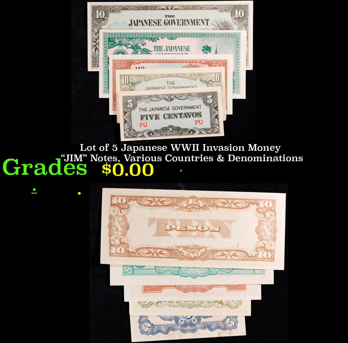 Lot of 5 Japanese WWII Invasion Money "JIM" Notes, Various Countries & Denominations Grades