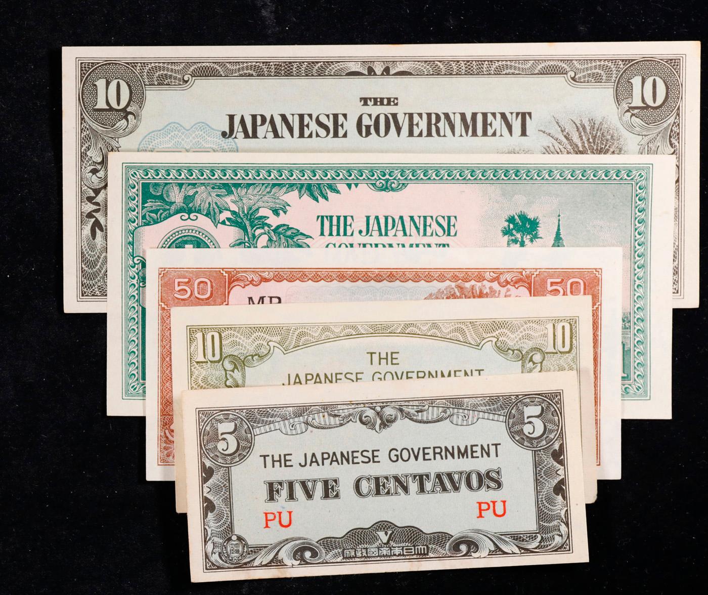 Lot of 5 Japanese WWII Invasion Money "JIM" Notes, Various Countries & Denominations Grades