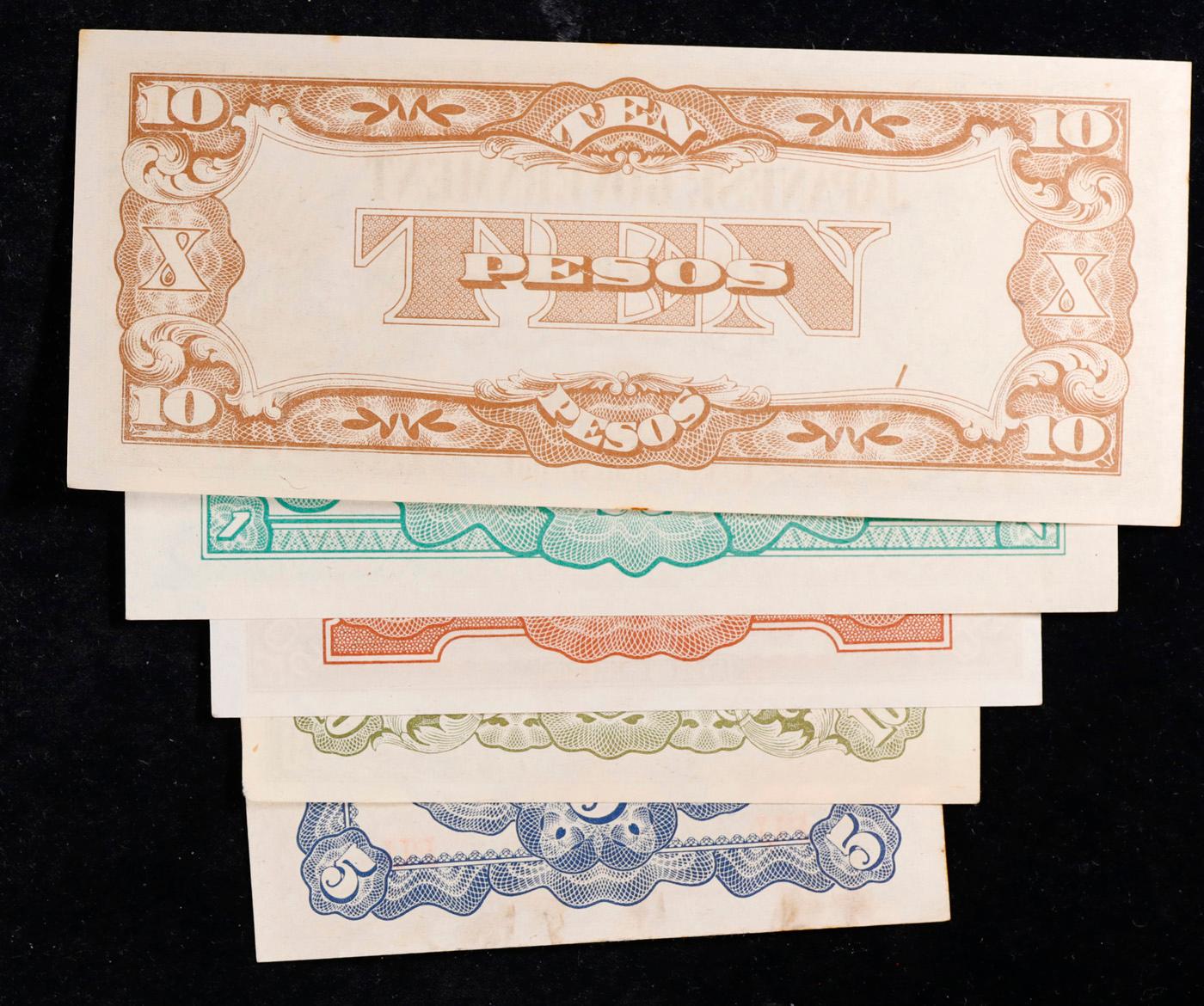 Lot of 5 Japanese WWII Invasion Money "JIM" Notes, Various Countries & Denominations Grades