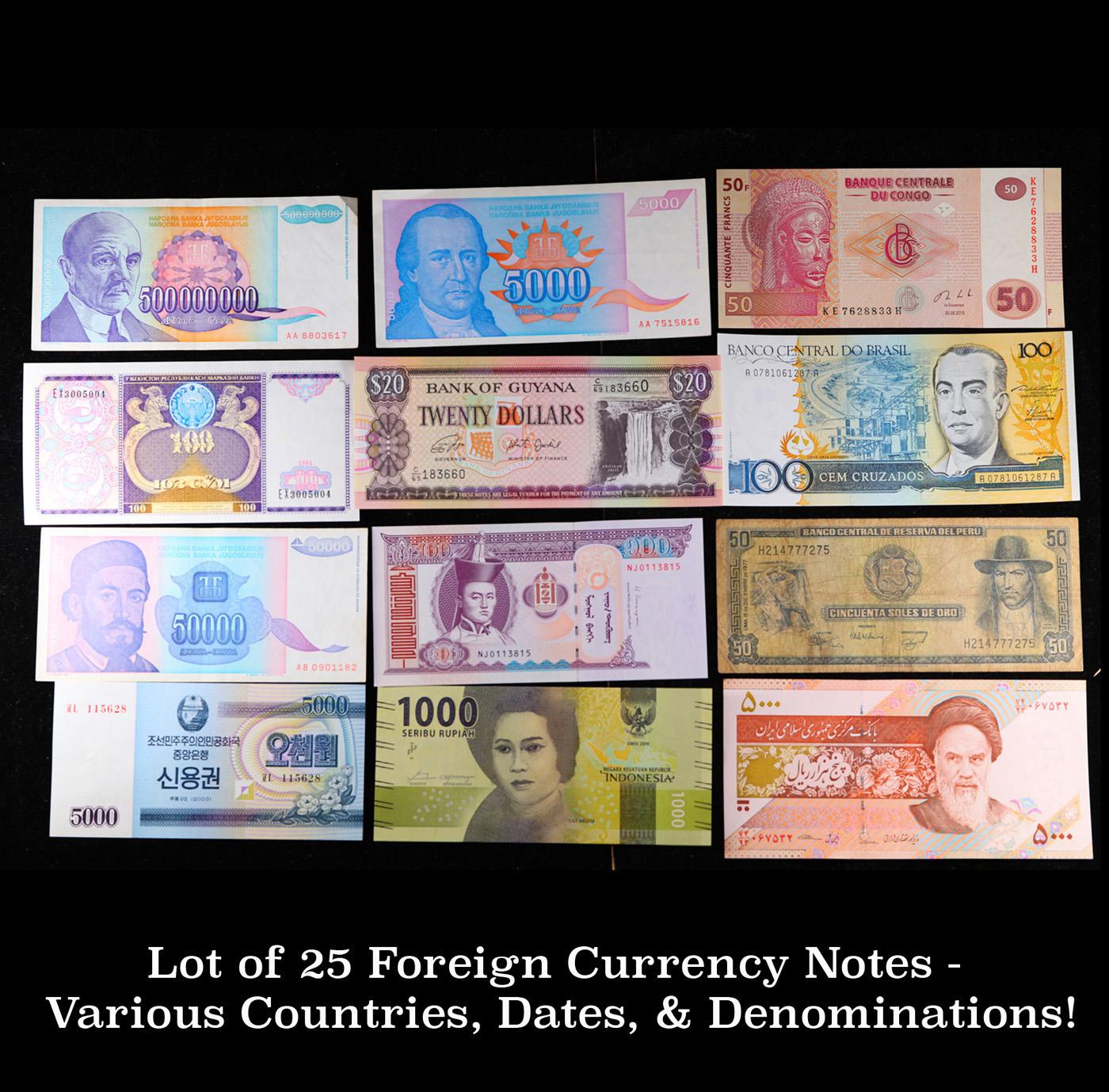 Lot of 25 Foreign Currency Notes - Various Countries, Dates, & Denominations! Grades