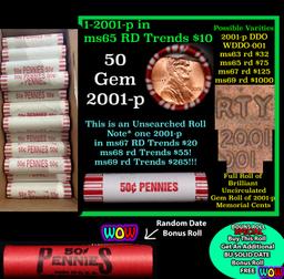 THIS AUCTION ONLY! BU Shotgun Lincoln 1c roll, 2001-p 50 pcs Plus one bonus random date BU roll! Ban