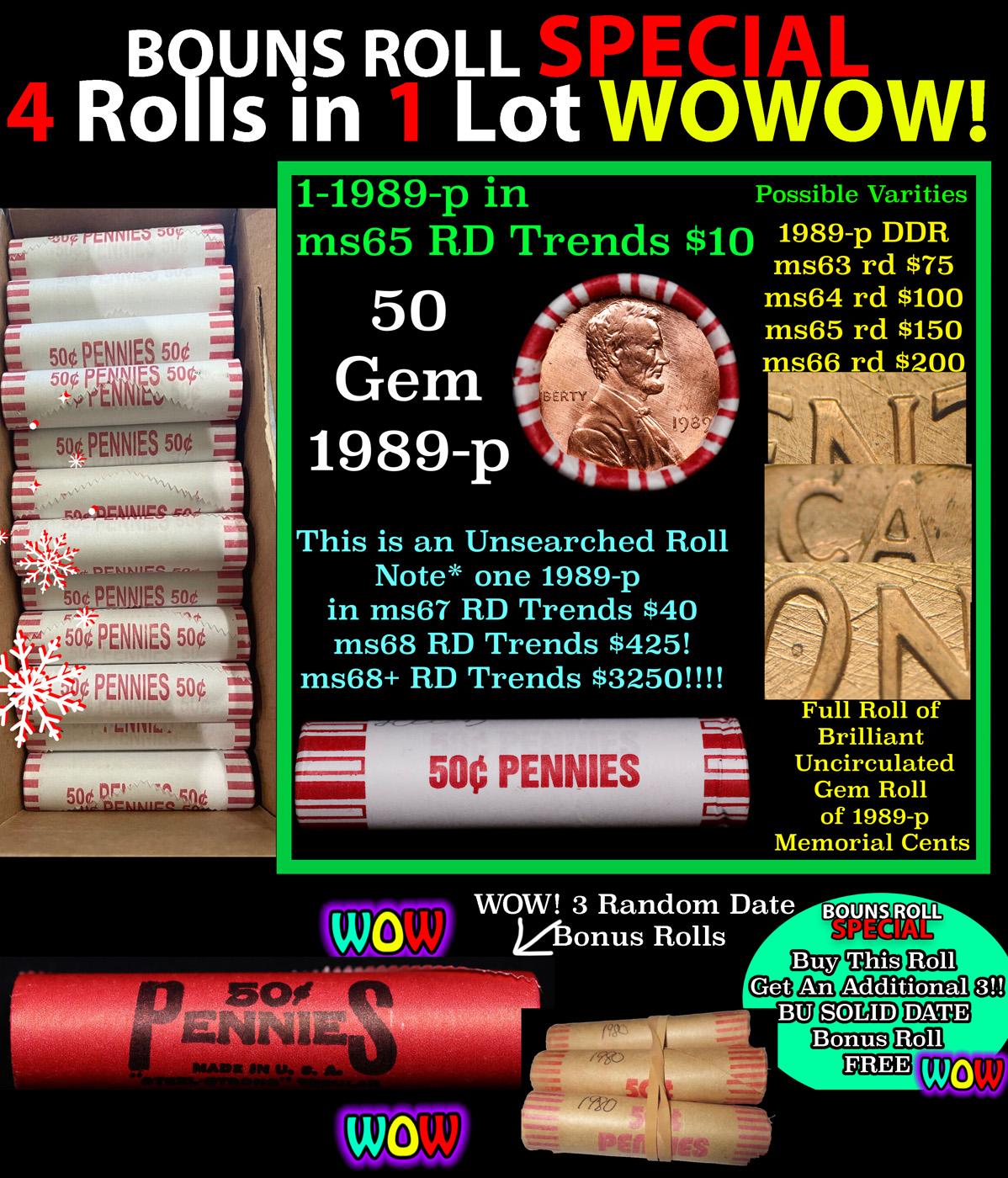 THIS AUCTION ONLY! BU Shotgun Lincoln 1c roll, 1989-p 50 pcs Plus THREE bonus random date BU roll! B