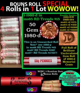 THIS AUCTION ONLY! BU Shotgun Lincoln 1c roll, 1990-d 50 pcs Plus THREE bonus random date BU roll! B