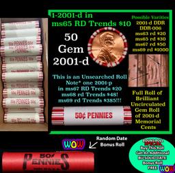 THIS AUCTION ONLY! BU Shotgun Lincoln 1c roll, 2001-d 50 pcs Plus one bonus random date BU roll! Ban