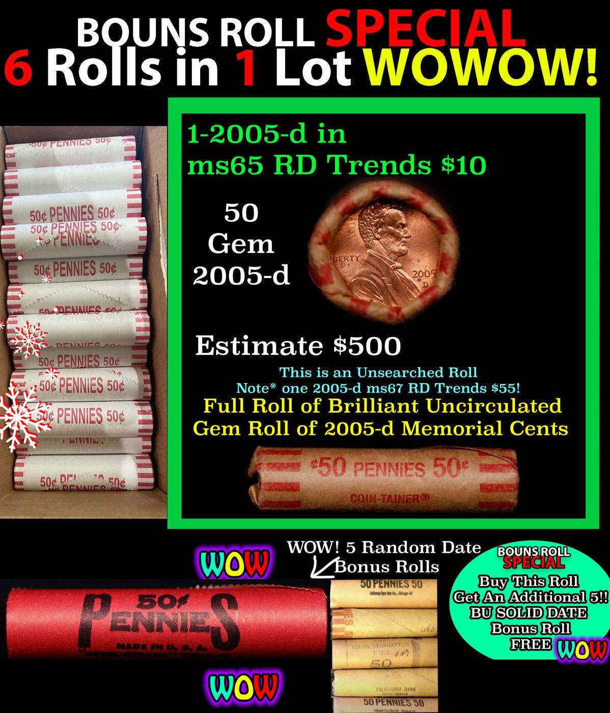 THIS AUCTION ONLY! BU Shotgun Lincoln 1c roll, 2005-d 50 pcs Plus FIVE bonus random date BU roll! Ba