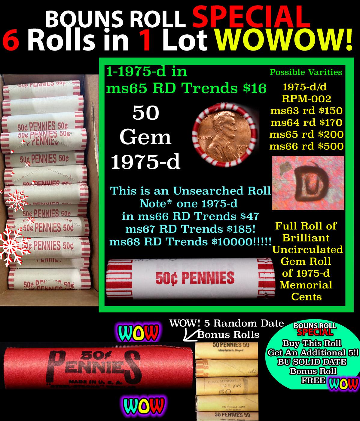 THIS AUCTION ONLY! BU Shotgun Lincoln 1c roll, 1975-dp 50 pcs Plus FIVE bonus random date BU roll! B