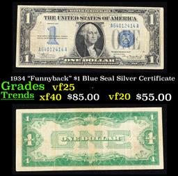 1934 "Funnyback" $1 Blue Seal Silver Certificate Grades vf+