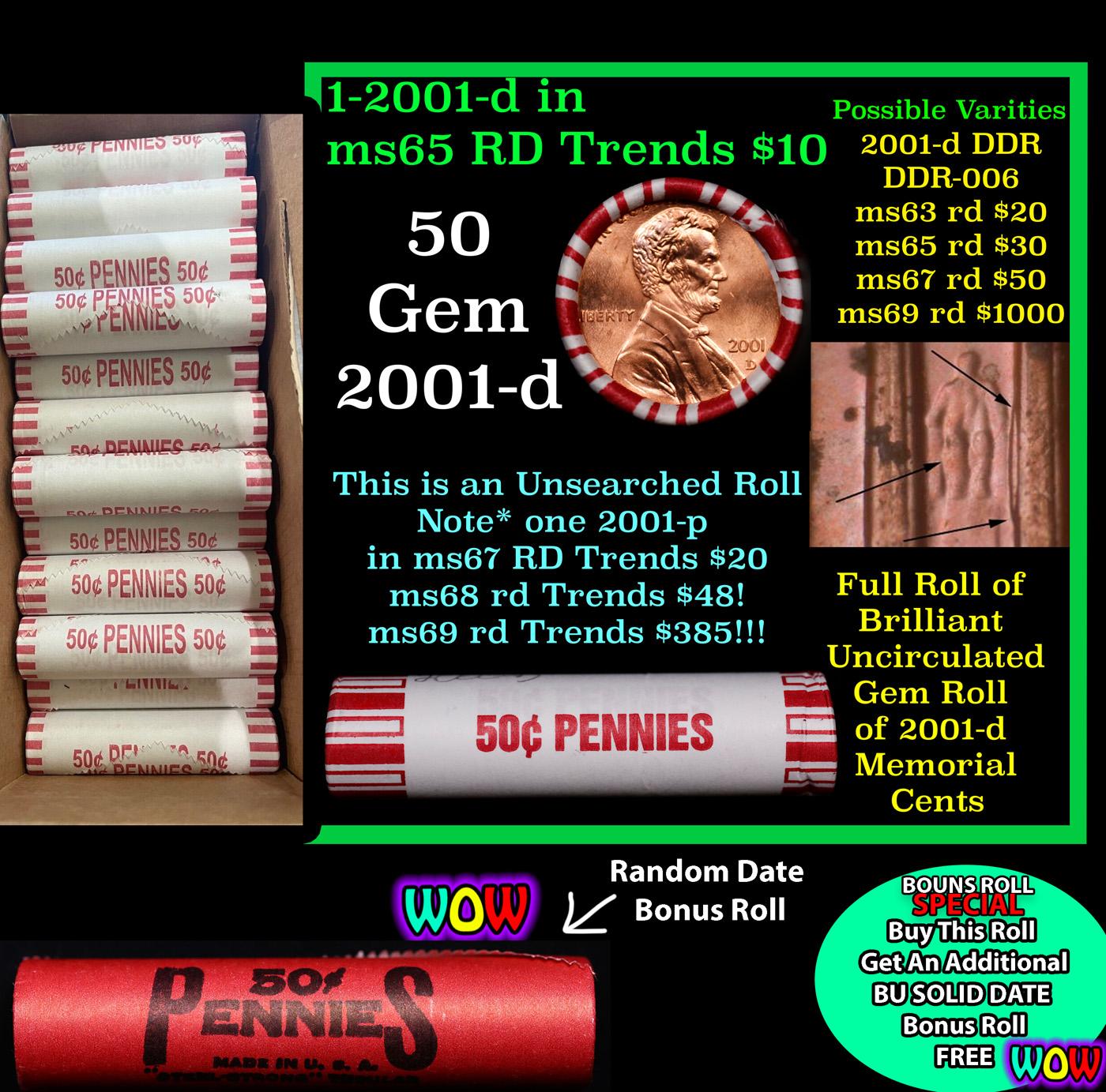 THIS AUCTION ONLY! BU Shotgun Lincoln 1c roll, 2001-d 50 pcs Plus one bonus random date BU roll! Ban