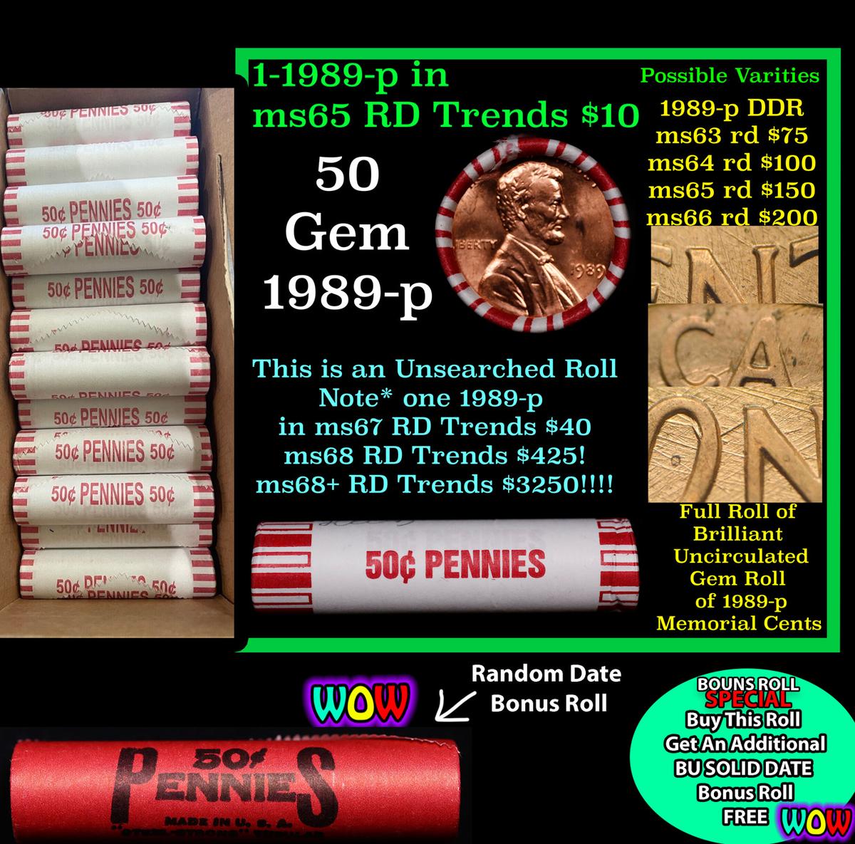 THIS AUCTION ONLY! BU Shotgun Lincoln 1c roll, 1989-p 50 pcs Plus one bonus random date BU roll! Ban