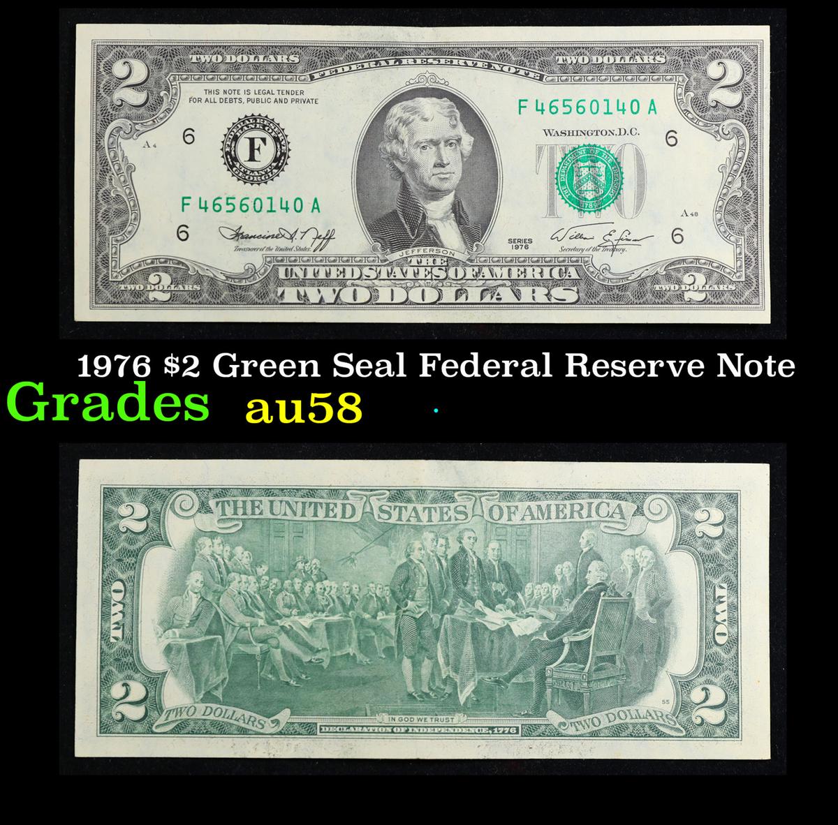 1976 $2 Green Seal Federal Reserve Note Grades Choice AU/BU Slider