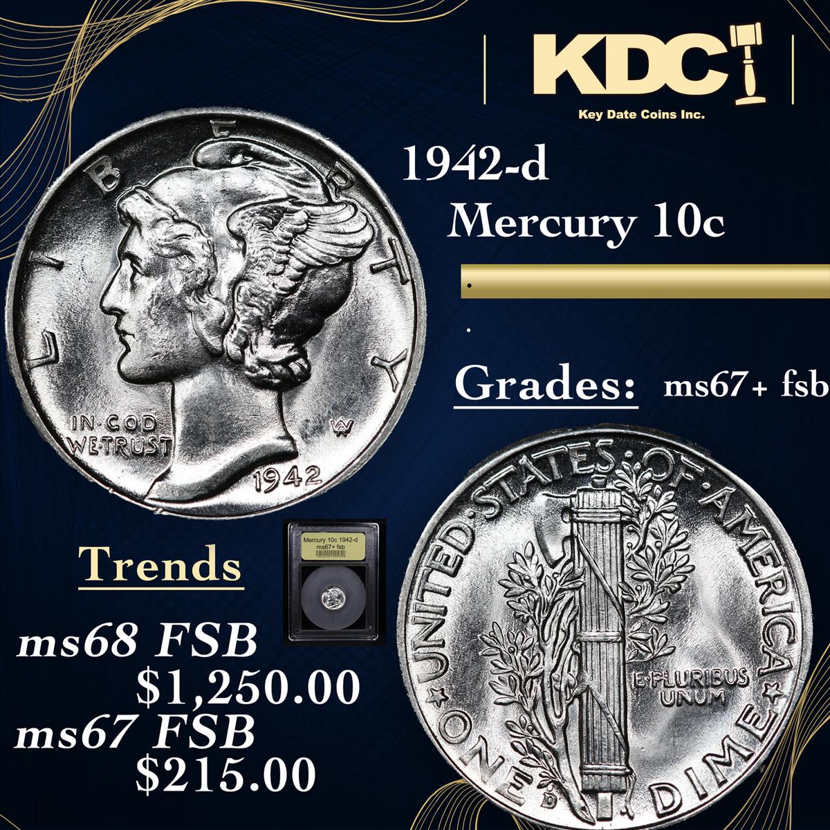 1942-d Mercury Dime 10c Graded GEM++ FSB By USCG