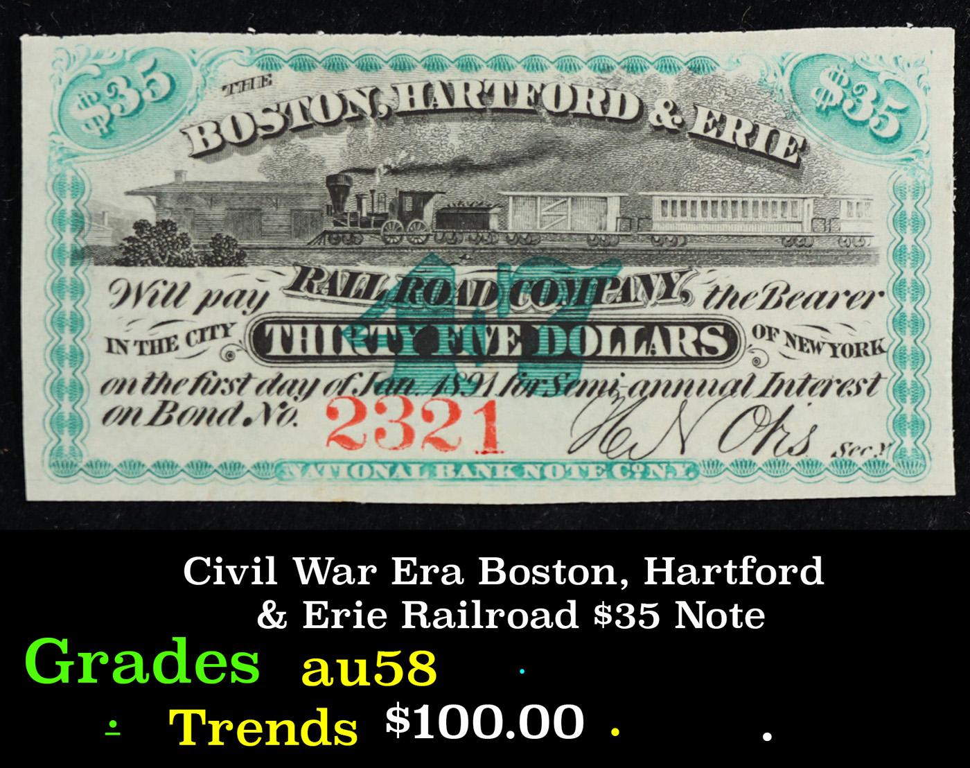 Civil War Era Boston, Hartford & Erie Railroad $35 Note Grades Choice AU/BU Slider