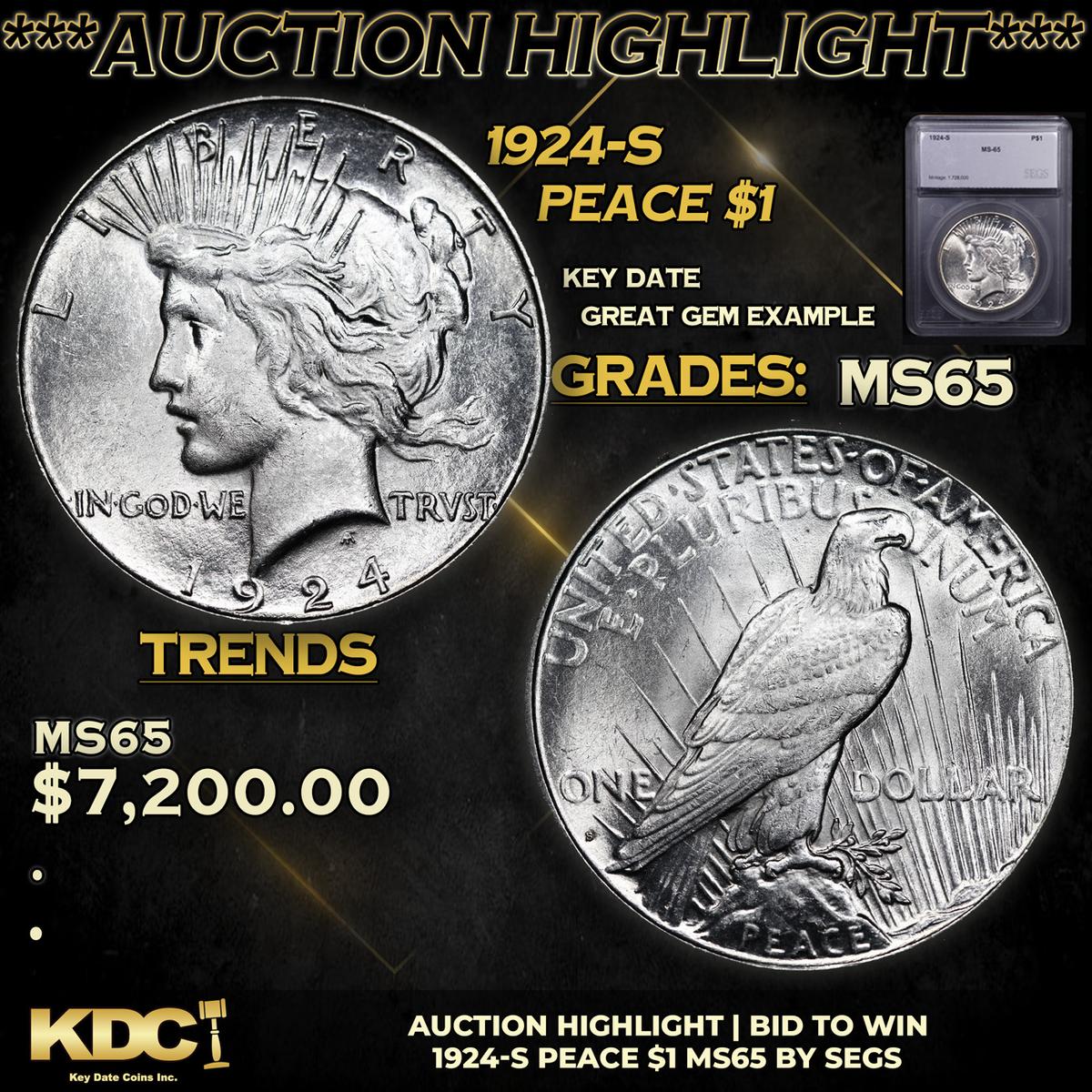 ***Auction Highlight*** 1924-s Peace Dollar $1 Graded ms65 By SEGS (fc)