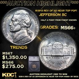 ***Auction Highlight*** 1939-s Rev of 40 Jefferson Nickel Near Top Pop! 5c Graded ms66+ By SEGS (fc)