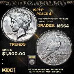 ***Auction Highlight*** 1921-p Peace Dollar $1 Graded Choice Unc By USCG (fc)