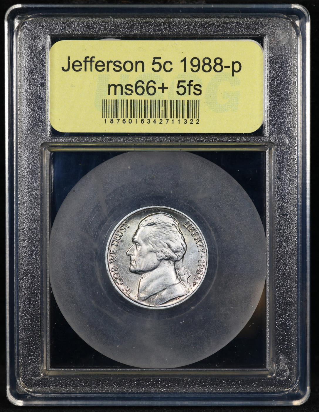 ***Auction Highlight*** 1988-p Jefferson Nickel Near TOP POP! 5c Graded ms66+ 5fs BY SEGS (fc)