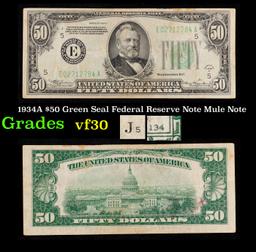 1934A $50 Green Seal Federal Reserve Note Mule Note Grades vf++