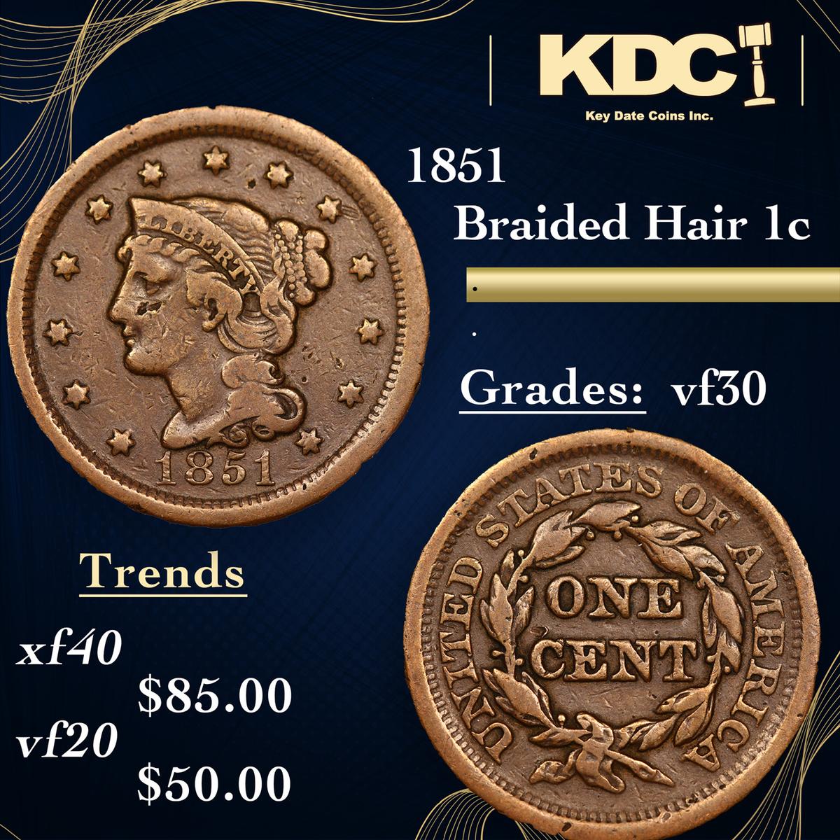 1851 Braided Hair Large Cent 1c Grades vf++