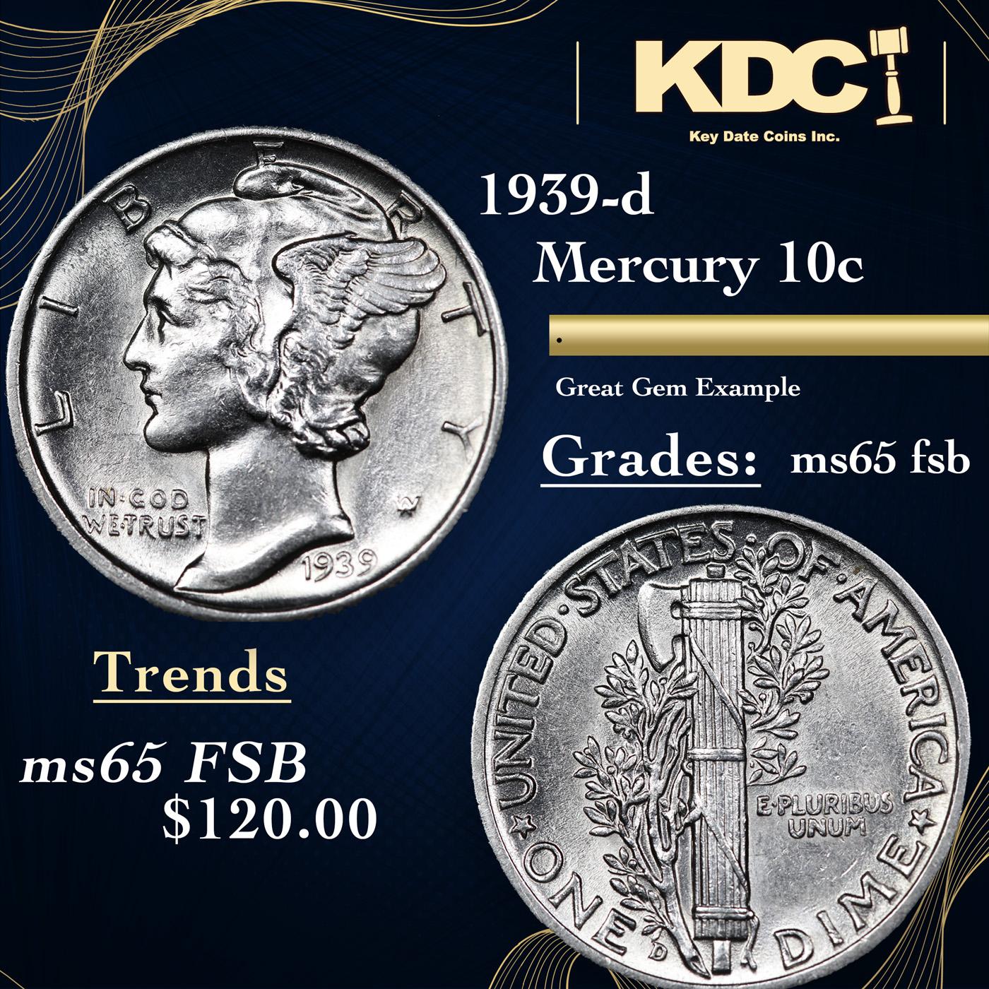 1939-d Mercury Dime 10c Grades GEM FSB