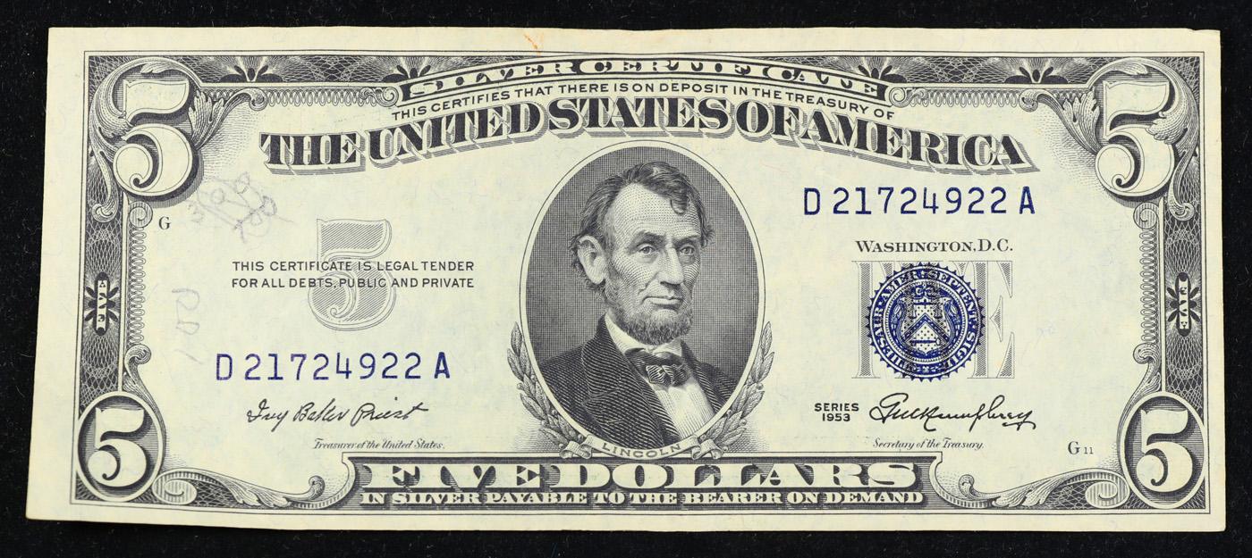 1953 $5 Blue Seal Silver Certificate Grades Select AU