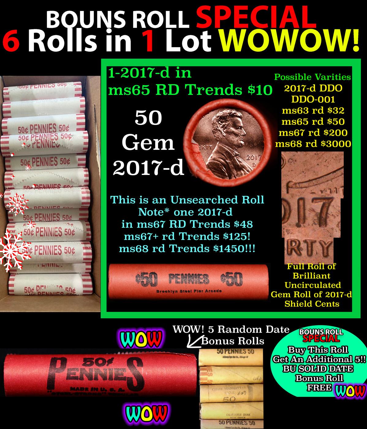 THIS AUCTION ONLY! BU Shotgun Lincoln 1c roll, 2017-d 50 pcs Plus FIVE bonus random date BU roll! Ba