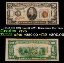 1934A $20 FRN Hawaii WWII Emergency Currency Grades vf+