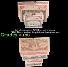 Lot of 5 Japanese WWII Invasion Money "JIM" Notes, Various Countries & Denominations Grades