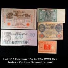 Lot of 5 German '10s to '20s WWI Era Notes - Various Denominations! Grades