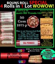 THIS AUCTION ONLY! BU Shotgun Lincoln 1c roll, 1971-p 50 pcs Plus THREE bonus random date BU roll! B