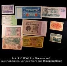 Lot of 10 WWI Era German and Austrian Notes, Various Years and Denominations! Grades