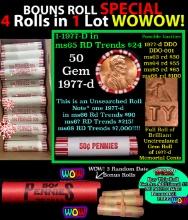 THIS AUCTION ONLY! BU Shotgun Lincoln 1c roll, 1977-d 50 pcs Plus THREE bonus random date BU roll! B