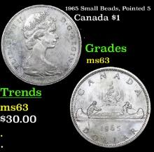 1965 Small Beads, Pointed 5 Canada Silver Dollar 1 Grades Select Unc