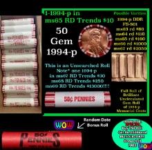 THIS AUCTION ONLY! BU Shotgun Lincoln 1c roll, 1994-p 50 pcs Plus one bonus random date BU roll! Ban